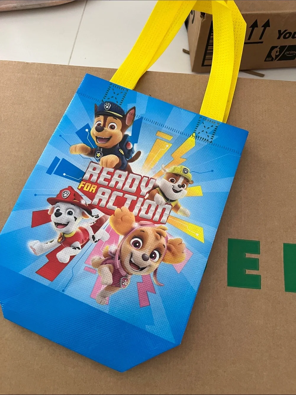 Set of 3 Paw Patrol Ready for Action Blue Party Tote Bags with Yellow Handles